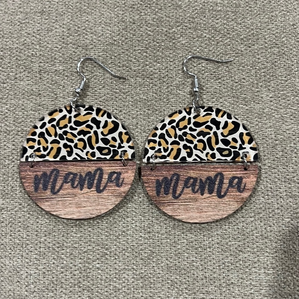 COPY - Wooden and Acrylic Circular Animal Print and Brown Earrings reading Mama